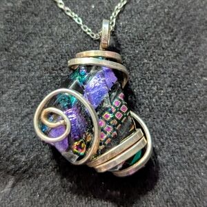 Handcrafted Sterling Silver Pink Purple Blue Iridescent Dichroic Glass Pendant